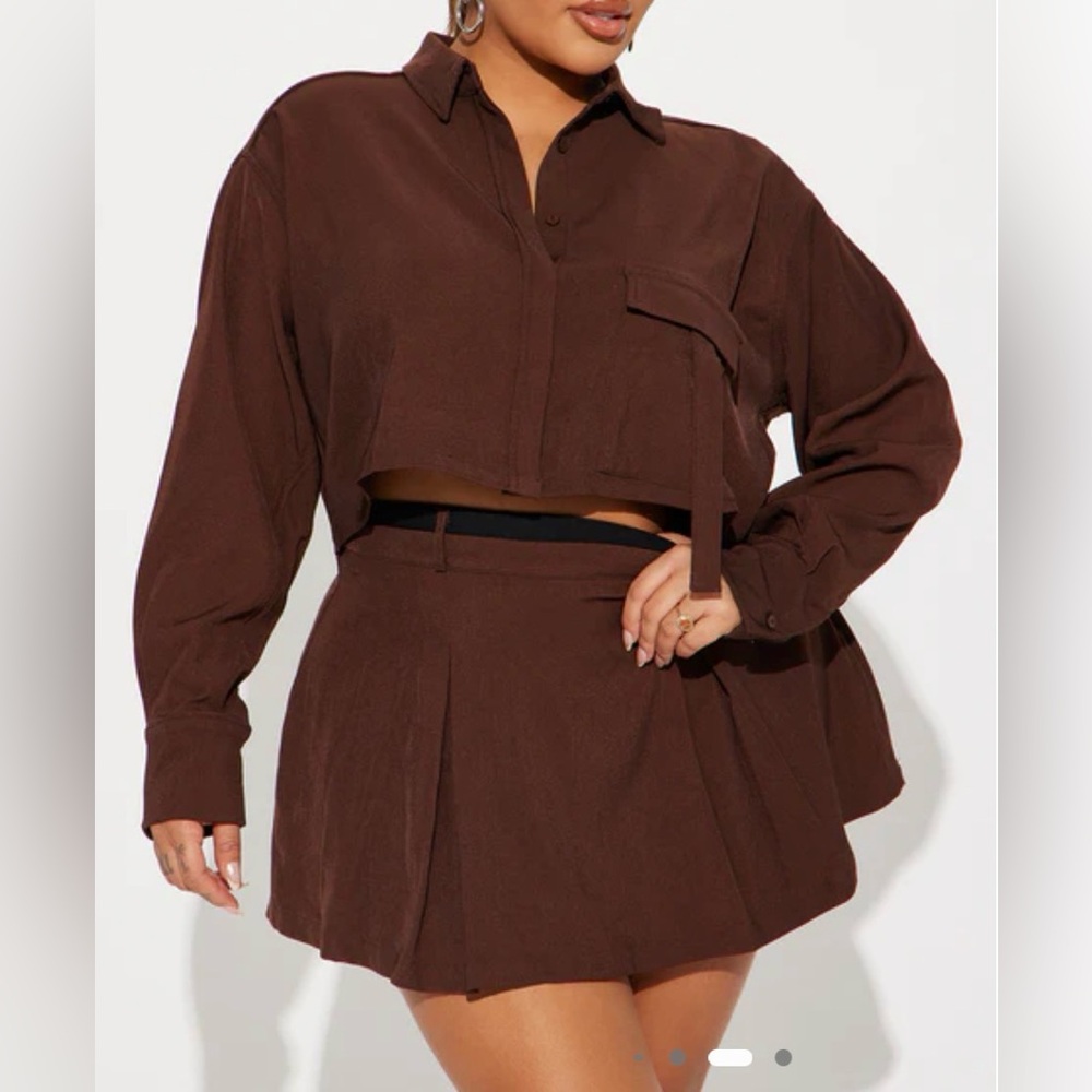 Cropped Button-Down Top and Pleated Mini Skirt Set - Chocolate Brown
